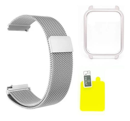 Pulseira Milanese Para Amazfit Bip + Case Bumper E Película Cor Prata Largura 20 Mm