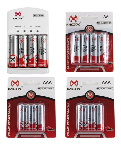 16 Pilhas Recarregáveis Mox 8 Aa + 8 Aaa + Carregador Rápido