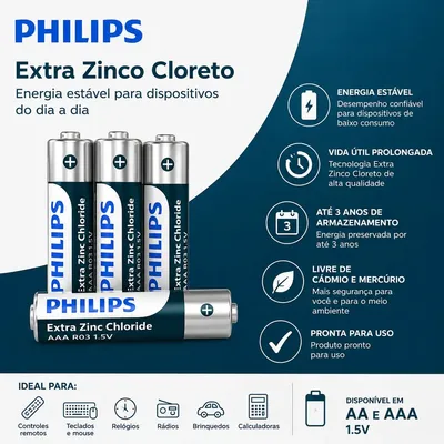 Kit 16 Pilhas Philips 8 Pequena AA + 8 Palito AAA Extra Zinc Chloride
