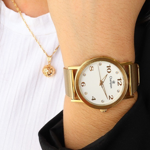 Reloj cuadrado Champion CN25369w para mujer, collar y pendientes, color de correa, bisel dorado, color de fondo dorado, color blanco 1