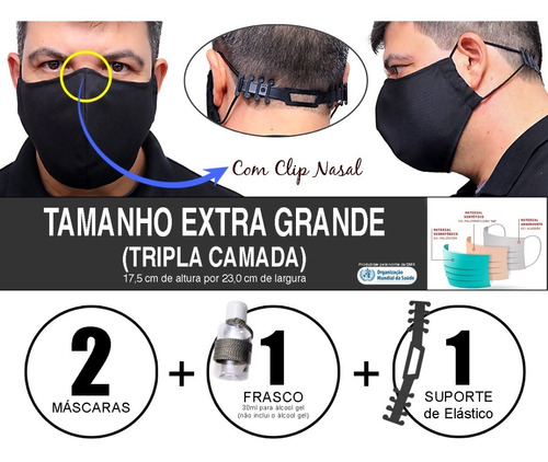 2 Máscaras Tecido Extra Grande Tripla Camada Com Clip Nasal