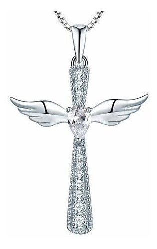 Collar - Cross Necklace 925 Sterling Silver Angel Wings Pend