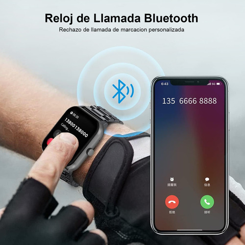 Smartwatch Mertto para homens e mulheres, 1,83 polegadas, Bluetooth, chamadas, notificações de informações, iOS, Android, esportes, saúde, preto, duas alças