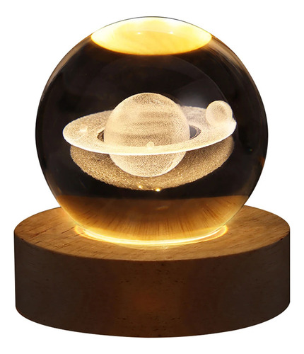 Luz Nocturna De Cristal Esfera Planeta Saturno Luna Lampara
