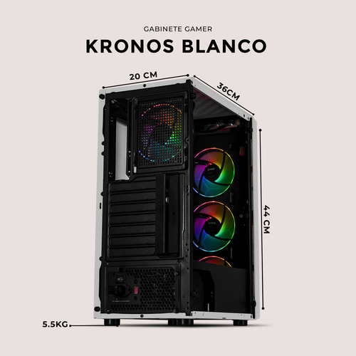 Gabinete Gamer XTREME PC GAMING Kronos Media Torre ATX 600W 4 Fan ARGB Cristal Templado Blanco