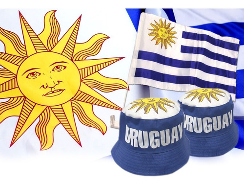 Bandera Uruguay + 2 Gorros + Bandera Para Auto..