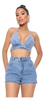 Comprar Short Jeans Liso E Cropped Amarração Conjunto Jeans