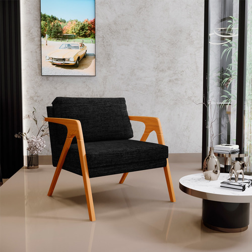 Kit 03 Poltronas Decorativa Sala Estar Pietra Linho Chumbo Desenho Do Tecido Liso