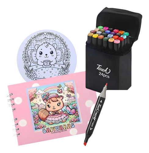 Kit Livro Colorir Capivara + Canetinha Touch 24 Cores Tiktok