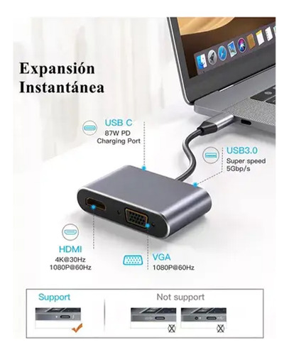 Adaptador Usb C Hdmi Tipo C A Hdmi 4k Usb3.0 Vga 4 En 1