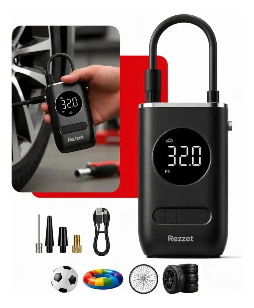Mini Compressor Digital Rezzet para Pneus de Carro e Bicicleta com Calibrador PSI Bomba Ar