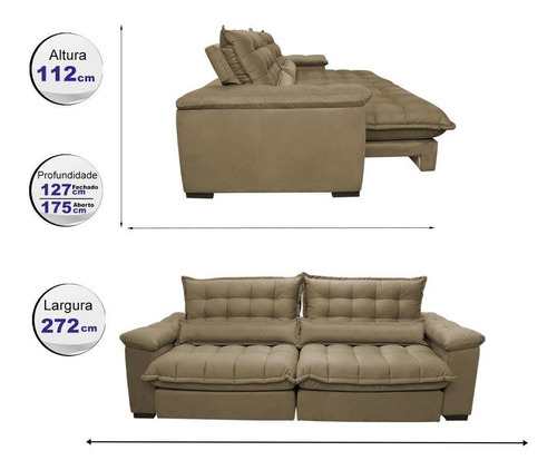 Sofá Retrátil e Reclinável 2,72m com Molas Ensacadas Cama inBox Aconchego Tecido Suede Castor