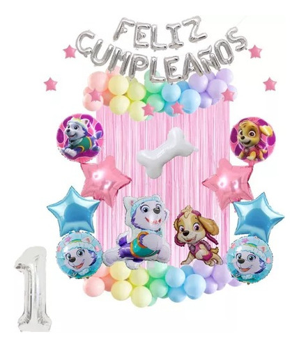 Kit Globos Paw Patrol Everest Skye+numero A Eleccion+pastel