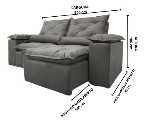 Sofá Retrátil E Reclinável 200 Cm Fênix Cinza Dawt