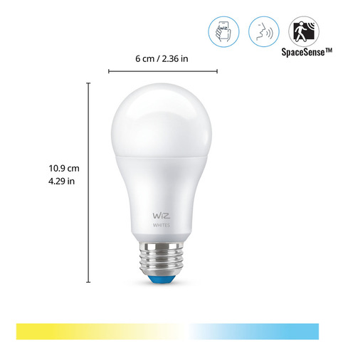 Foco inteligente WiZ A19 con una Luz Cálida a Fría, ideal para cualquier ambiente, controlable por app.