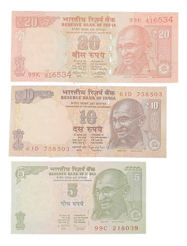 Set Billetes De India 5, 10 Y 20 Rupias Mahatma Gandhi