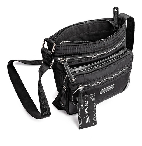 Imagen 6 de 6 de Carteras Bandoleras Mujer Bolsillos Negras Queens Nylon