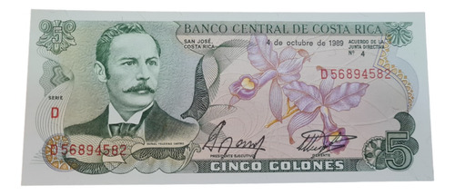 Billetes Mundiales De Costa Rica 5 Colones 1989 Nuevo P-236d