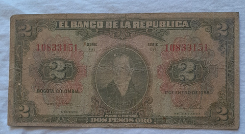 Billete De 2 Pesos Año 1955, Estado F (4). No 3151, Ocho Di
