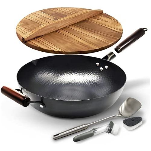 Sartén Wok De Acero Al Carbono Con Tapa, Juego De Wok Para S