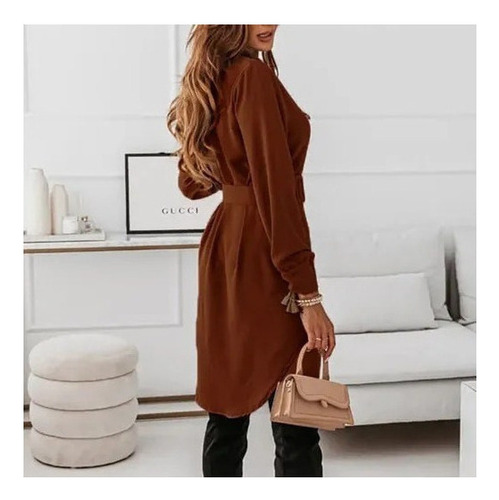 Vestido Camisero De Manga Larga Con Botones Y Cinturón