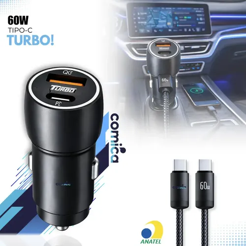 Kit Carregador Veicular Turbo + Cabo Usb-c Pd Usb 60w C7 Tipo C C...