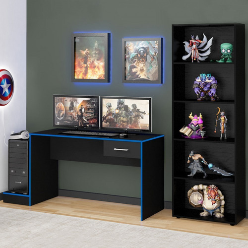 Quarto Gamer 2 Peças Com 1 Mesa Gamer, 1 Estante Preto/azul Cor Preto