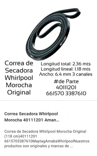 Correa Secadora Original Whirlpool 4 Canales 118cm 40111201