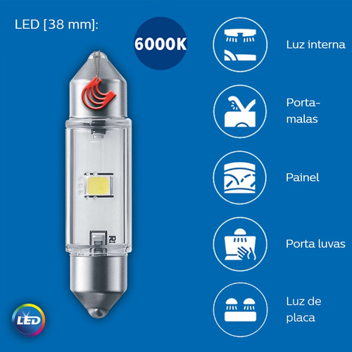 Imagem 3 de 5 de Lampada Led Philips Torpedo 38mm 6000k 12v - Teto Porta-mala
