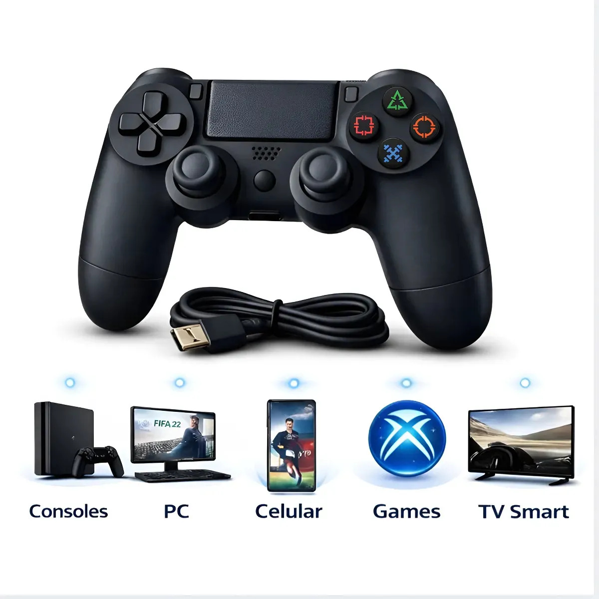 Controle Sem Fio Bluetooth Compativel PS4 Pc Celular Smarttv Steam Xcloud Cor Preto Aquattro