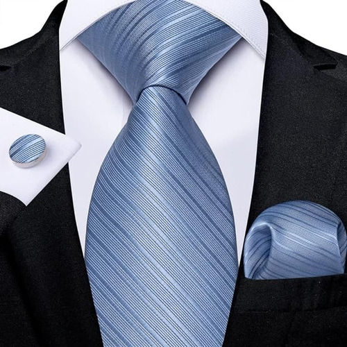 Set Corbata Pañuelo Mancuernillas Seda Rayas Azul Cielo 7608