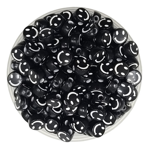 50u Cuentas Redondas Negras Carita Smiley Emoji Blanco 1 Cm