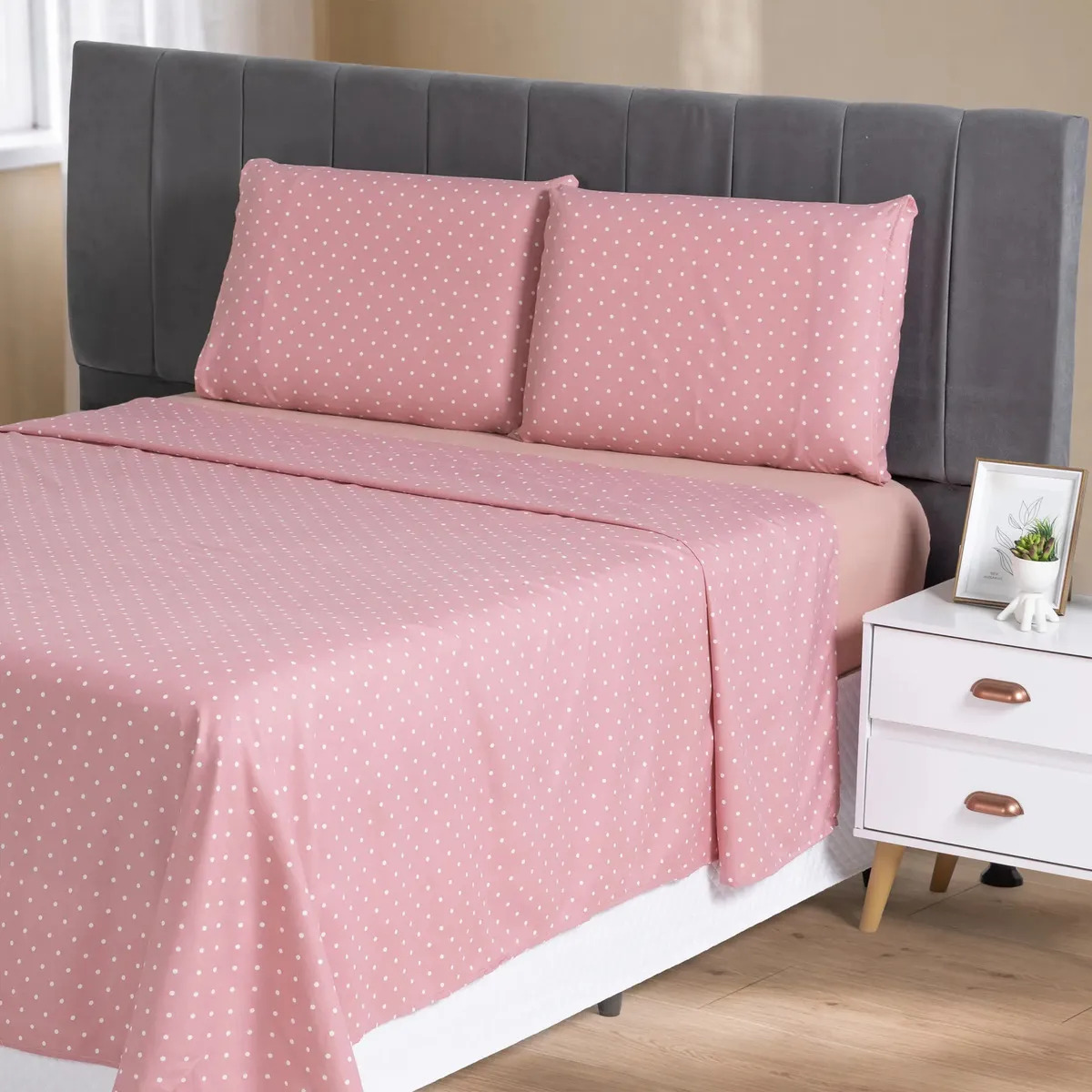 Jogo De Lençol Queen 4 Peças Micropercal 400 Fios Fronhas Lençol De Cima Elástico Antiácaro Antialérgico Toque Macio Cama Box Enxoval Luxo Cor Bolinhas Rose Estampado