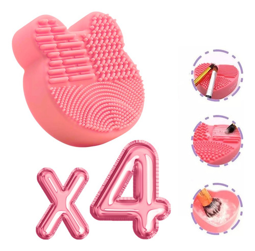Limpia Brochas Maquillaje Estuche Esponja En Seco Formas Color Oso Rosa Fosfo