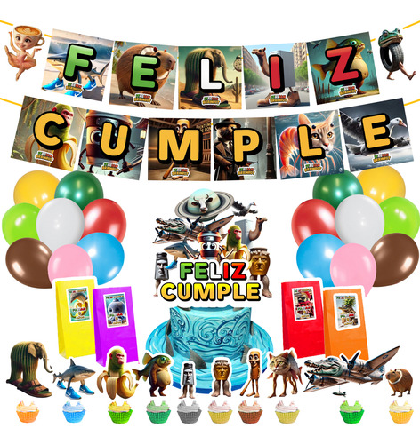 Globos+ 10 Toppers+ 20 Bolsitas+ 40stickers Italian Brainrot Celeste Italian Brainrot Feliz Cumple Mas 20 Bolsitas Mas 40 Stickers Mas 10 Toppers