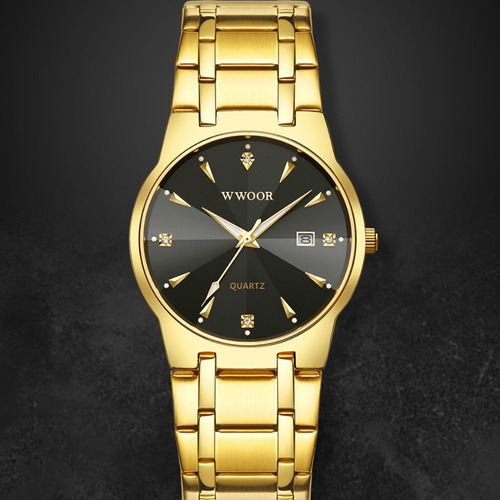 Relógio De Pulso Wwoor Quartz Diamond Casual Calendar Cor Do Fundo Dourado