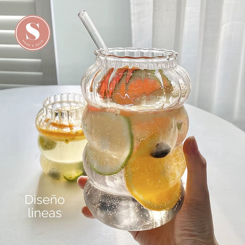 Set 2 Vasos Alto Diseño Ondas Bebida Vidrio 800 Ml Bombilla