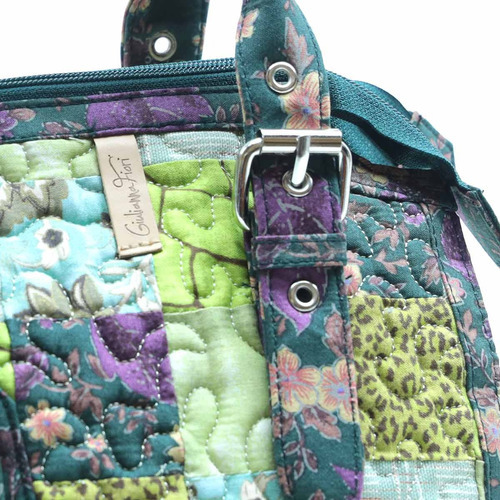 Bolsa Feminina Ombro Nuanda Orchid Patchwork Giulianna Fiori Cor Verde/Roxo Desenho do tecido Costura