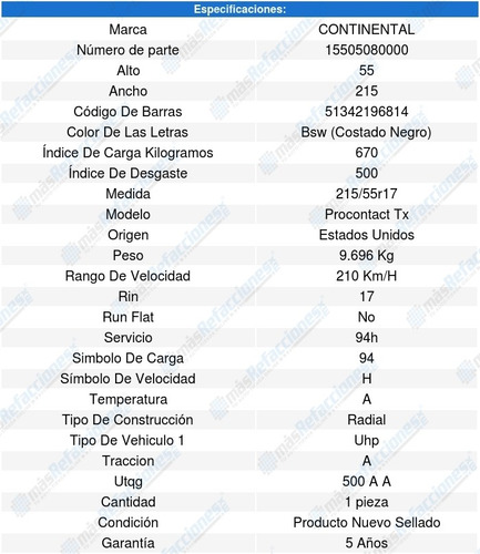 1 Llanta 215/55r17 94h Continental Procontact Tx