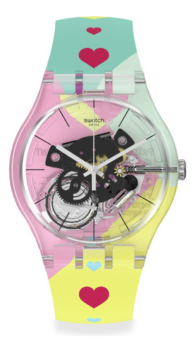 Reloj Swatch Flying Hearts By Swatch Suok144-010 Correa Multicolor Bisel Transparente Fondo Transparente