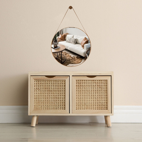 Espelho Adnet Design Clássico Com 60 Cm Alça De Couro Moldura Moldura Couro Caramelo