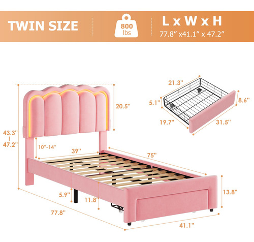 Base De Cama Led Tapizada Individual Con Cajón Y Cabecera Aj