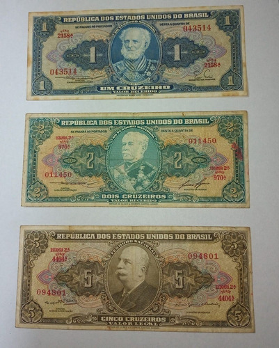 Serie De 3 Billetes Brasil 1,2 Y 5 Cruzeiros 1952 Vf