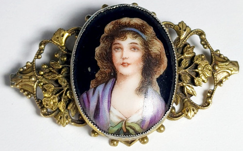 Antiguo Broche Laton Porcelana Limoges France Art Noveau 20s