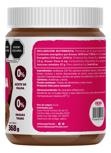 Crema De Avellana En Tarro Con Cacao 368 G Okko