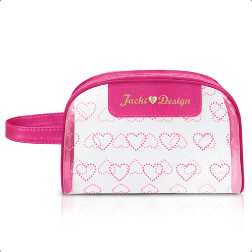 Necessaire Feminina Com Alça Jacki Design Love Transparente Cor Pink Desenho Do Tecido Lisa