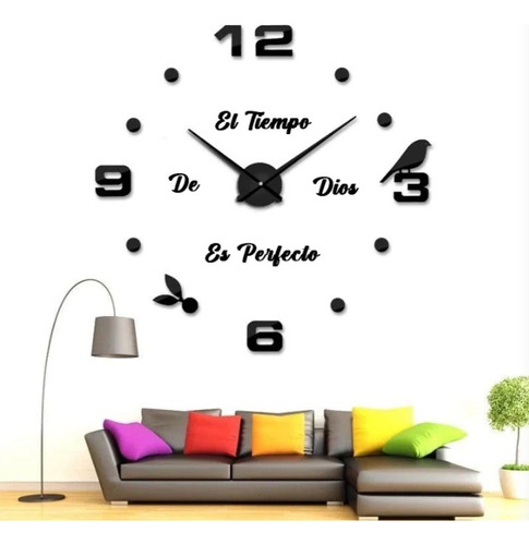 Reloj De Pared 3d Color Negro  Con Frase En Vinilo 