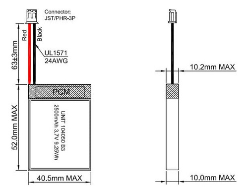 2500mah Bateria Recargable Lipo 104050 3.7v 50x40x10 Mm