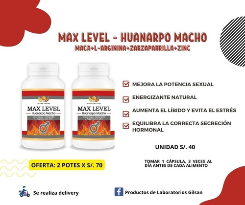 Max Level-huanarpo Macho/ Maca+l Arginina+zarzaparrilla+zinc