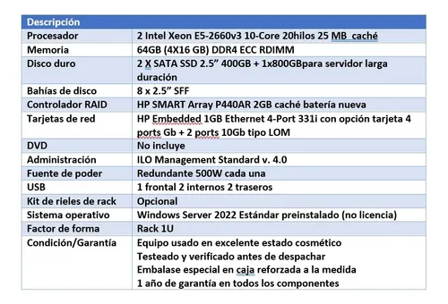 Servidor Hp Dl360 Gen9 20-core 64gb 1.6tb Ssd Doble Fuente (Usado)